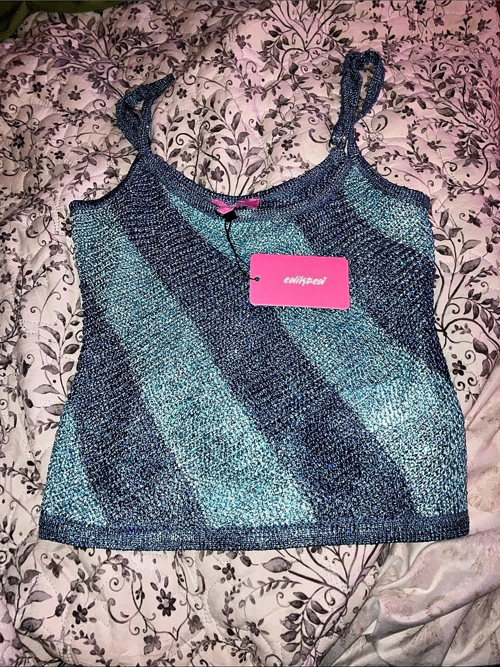 edikted Saul Stripey Sequin Knit Top Blue XS